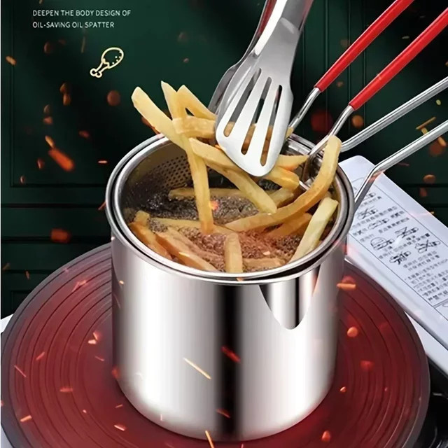 Multifunktionale Edelstahl-Fritteuse in Silber mit Bratkorb und kleinem Topf - Bild 1