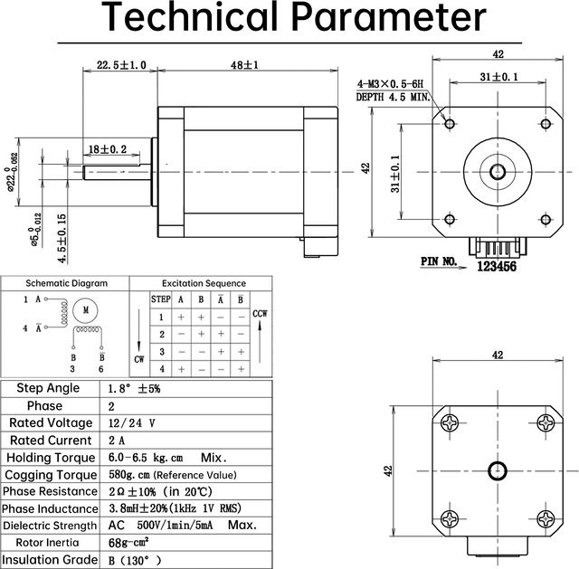Nema17 Schrittmotor bipolar 48 mm 2 A 65 N.cm 2 Phasen 4-Draht 1,8 Grad für DIY CNC und 3D-Drucker - Bild 1