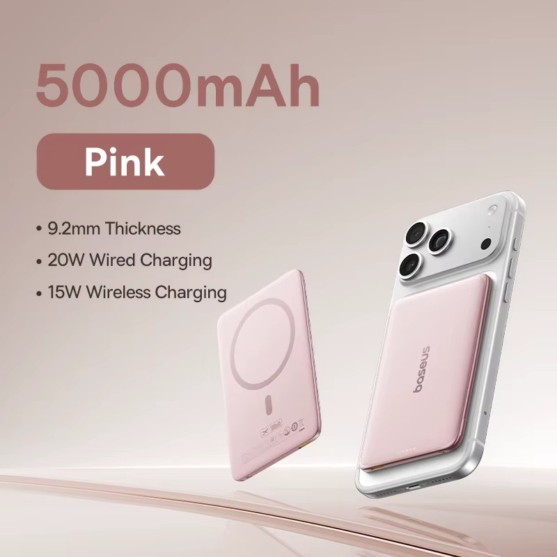 Baseus Magnetische Powerbank 5000 mAh in Pink, 15 W kabellos und 20 W kabelgebunden, schlanke tragbare Powerbank für iPhone und Samsung - Bild 7