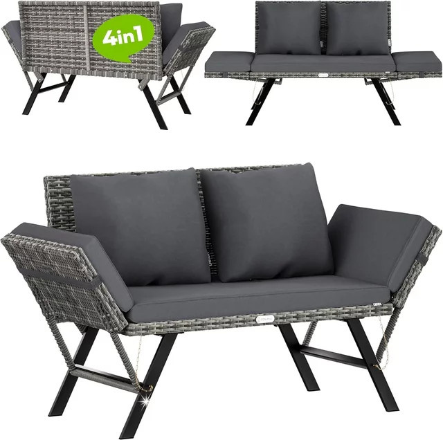 Homfa Gartenbank aus Rattan mit verstellbaren Armlehnen und dunkelgrauen wetterbeständigen Kissen für Garten und Terrasse - Bild 1