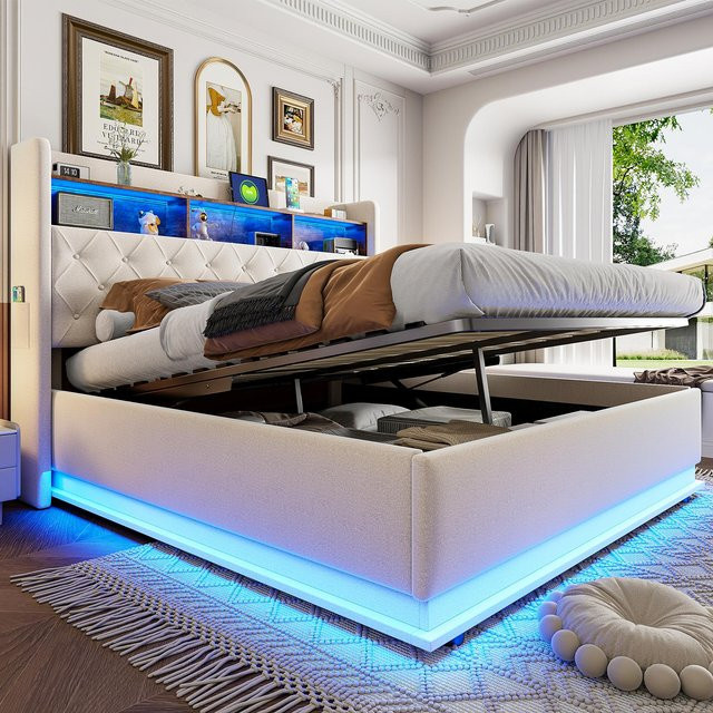 Modernes LED Polsterbett mit Stauraum und USB-Ladeanschluss in Beige, B/T/H: 214 x 186 x 113 cm, Matratzengröße 180 x 200 cm - Bild 1