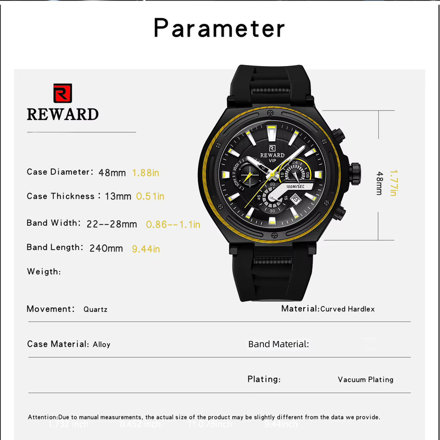REWARD Chronograph Armbanduhr, Quarz, Schwarz, Herren, Leuchtzeiger - Bild 6