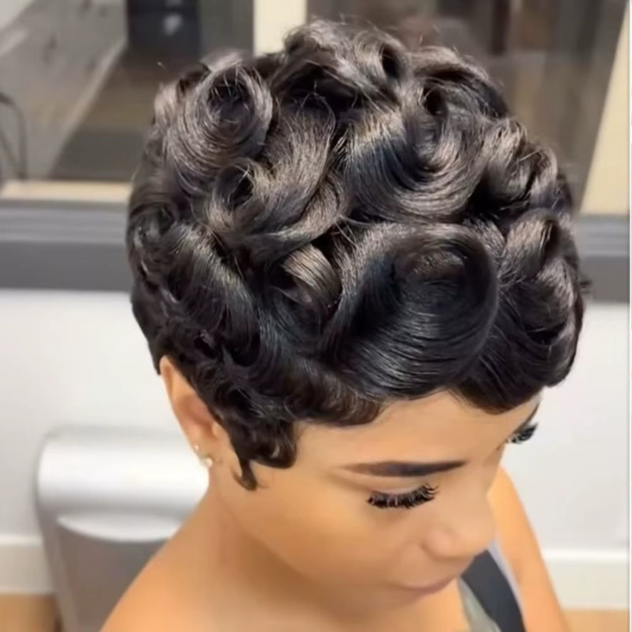 OYM HAIR Echthaar-Perücke, Pixie-Schnitt, lockig, mit Pony - Bild 3