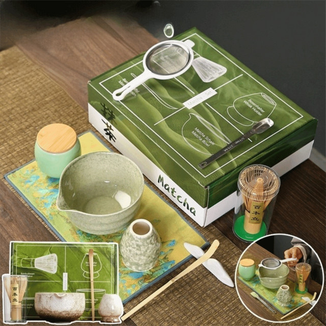 Japanisches Matcha-Teeset aus Bambus und Keramik in Grün mit Matcha-Schneebesen, Löffel und Schüssel - Bild 1