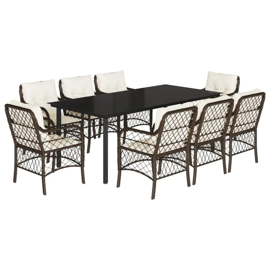 vidaXL 9-teilige Garten-Essgruppe aus Poly Rattan mit Kissen und Glastisch in Braun - Bild 2