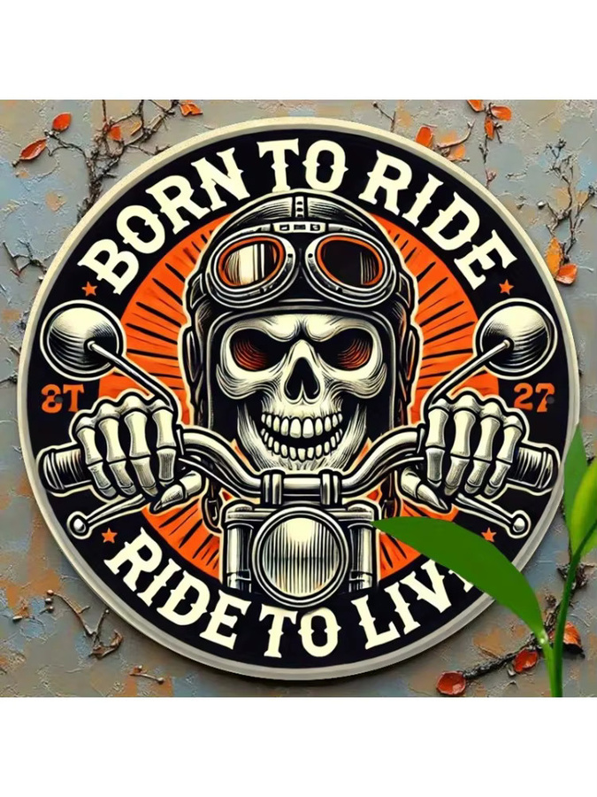 Potdemiel Vintage-Motorrad-Schädel Metallblechschild, Wandschild aus Eisen, B/B: 19,81 x 19,81 cm, Mehrfarbig - Bild 6