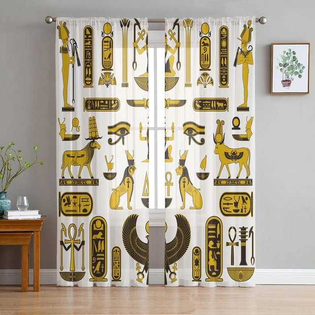Yiran Furniture Transparentes Tüll-Fenstervorhang mit Ägyptischem Motiv und Goldenen Perlen, Organza Voile Vorhang für Wohnzimmer und Schlafzimmer, Breite: 135 cm, Höhe: 115 cm - Bild 1