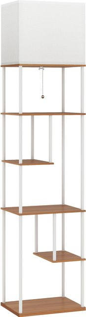 HOMCOM Stehlampe mit Regalen in Weiß und Holzoptik, dimmbar mit Fernbedienung und Timer, Farbtemperatur 3000K-6500K, E27 Fassung, ideal für Wohnzimmer, Schlafzimmer oder Büro - Bild 1