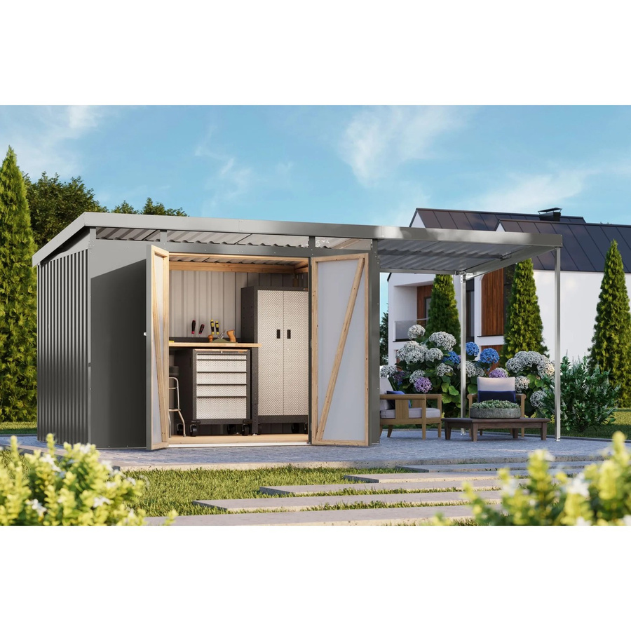 Karibu Metallgerätehaus Neos 3 mit Anbaudach in Graualuminium - Bild 2