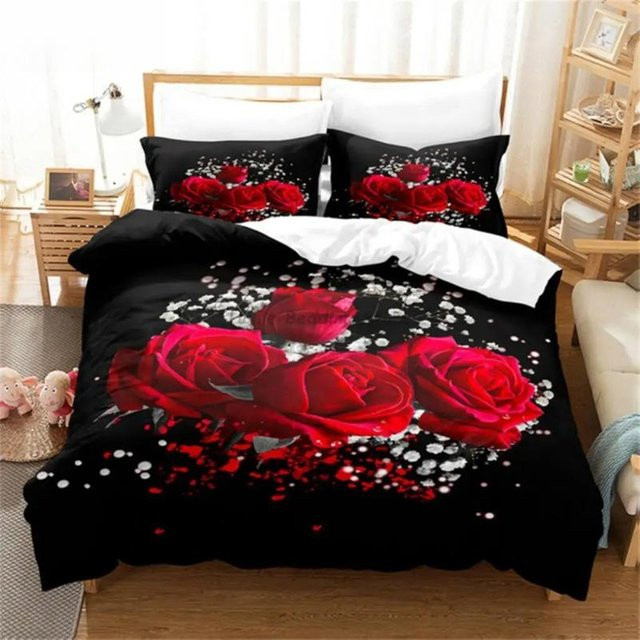Lodestar Bettwäsche Set mit rotem Rosen-Blumenmuster aus Polyester, 3-teilig, B/H: 228 x 228 cm - Bild 1