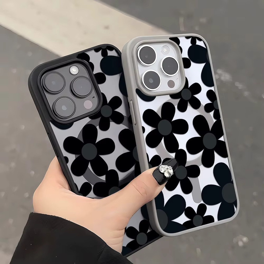 Schwarze iPhone Schutzhülle mit Blumen-Design, kabellose Ladefunktion und Trageschlaufe für Apple iPhone 11 bis iPhone 17 Pro Max - Bild 4