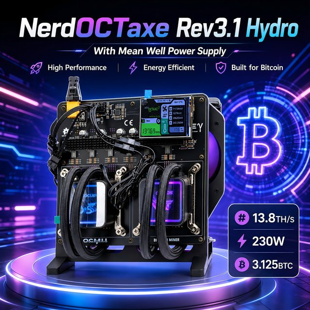 NerdOctaxe Rev3.1 Hydro 13,8 Th/s Bitcoin Solo Miner mit 3,5-Zoll-Display und Mean Well Netzteil in Schwarz - Bild 1
