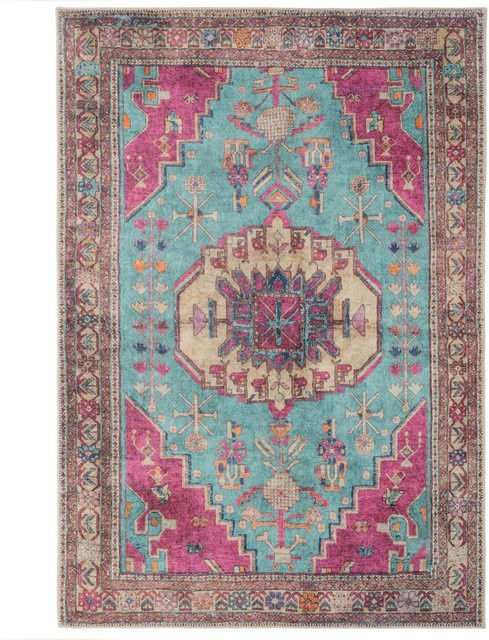 BC-Warm Home Boho Wohnzimmerteppich Mehrfarbig Petrol Rosa Grau Waschbar und Rutschfest B/T: 40 x 60 cm - Bild 1