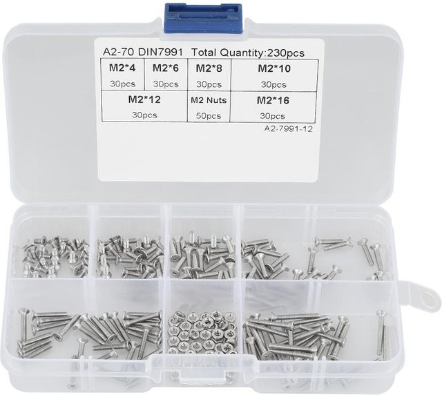 Meterk 230-teiliges M2 Sortiment aus Flachkopfschrauben und Muttern aus Edelstahl A2-70 in Silber mit Aufbewahrungsbox - Bild 1
