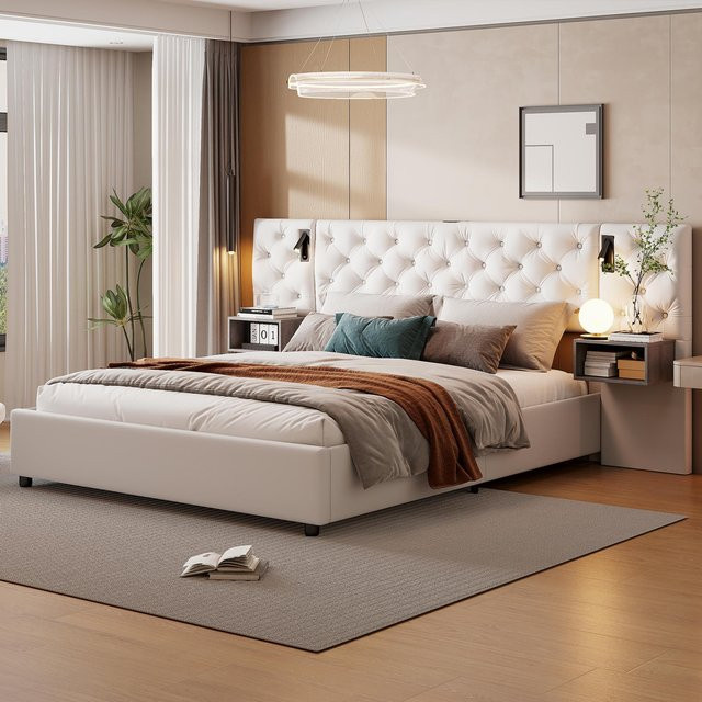 Polsterbett HYNHXBP aus Samtstoff mit USB-Ladefunktion, integrierter Leselampe und Nachttischschubladen, Breite: 140 cm, Tiefe: 200 cm - Bild 1