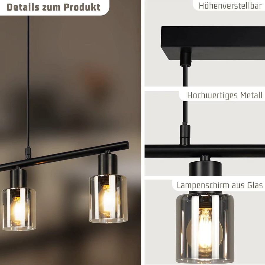 4-flammige Vintage Pendelleuchte im Industrial Design aus Glas und Metall, Schwarz, E14, für Esszimmer und Küche - Bild 3