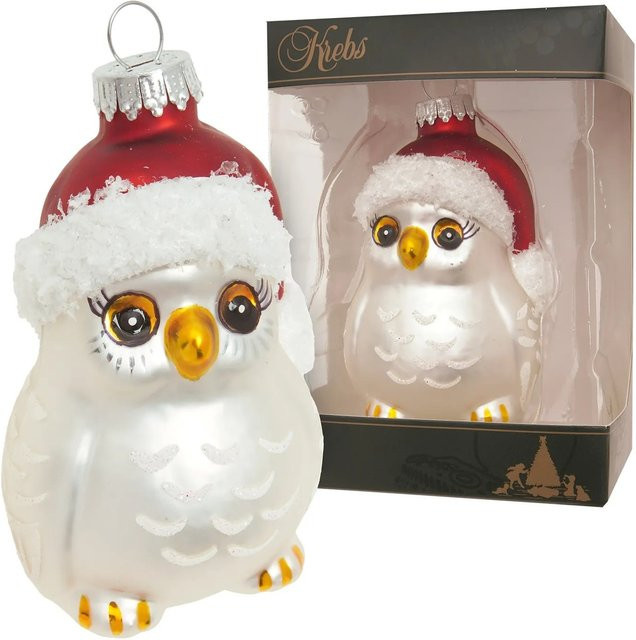 Krebs Glas Lauscha Baumschmuck Eule mit Weihnachtsmütze in Silberfarbig, Höhe: 8 cm - Bild 1