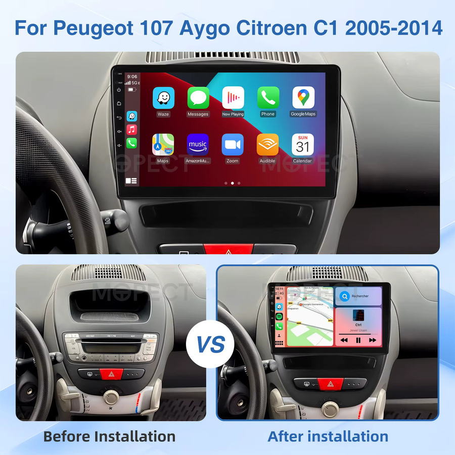 MOPECT Android 15 Autoradio mit 10,1 Zoll Display für Toyota Aygo, Peugeot 107 und Citroen C1 (2005-2014) mit WiFi, Carplay, 4G, 64GB Speicher und Rückfahrkamera in Schwarz - Bild 2