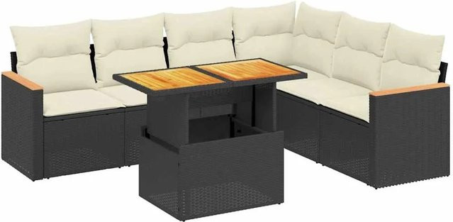 vidaXL 7-teilige Garten-Sofagarnitur in L-Form aus schwarzem Poly-Rattan mit Kissen und Akazienholz - Bild 1