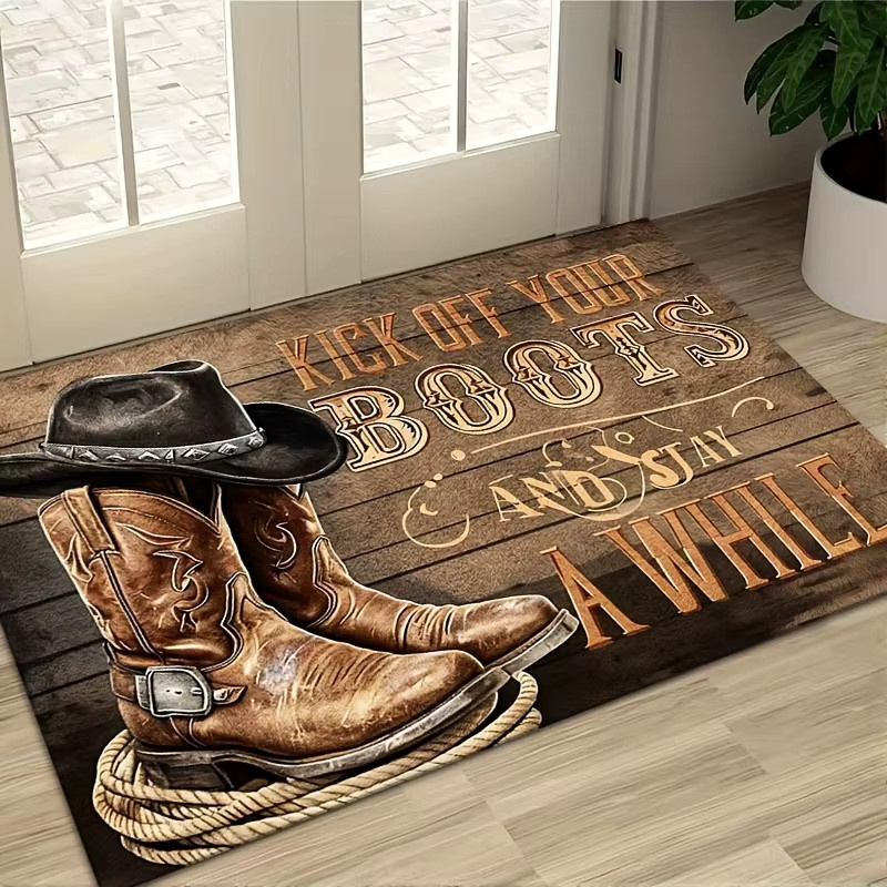 VIKAMA Western Cowboy Fußmatte mit Kick Off Your Boots Aufdruck, Rutschfester und Waschbarer Eingangsteppich im Rustikalen Farmhaus-Stil, Farbe: Braun, B x T: 60 x 40 cm - Bild 2