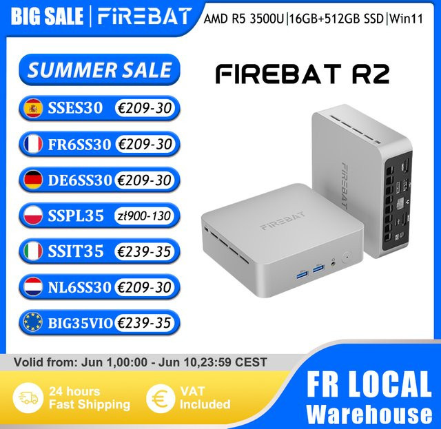 FIREBAT R2 Mini-PC AMD Ryzen 5 3500U, 16 GB RAM, 512 GB SSD, Windows 11, Dual 4K Display, Silber - Bild 1
