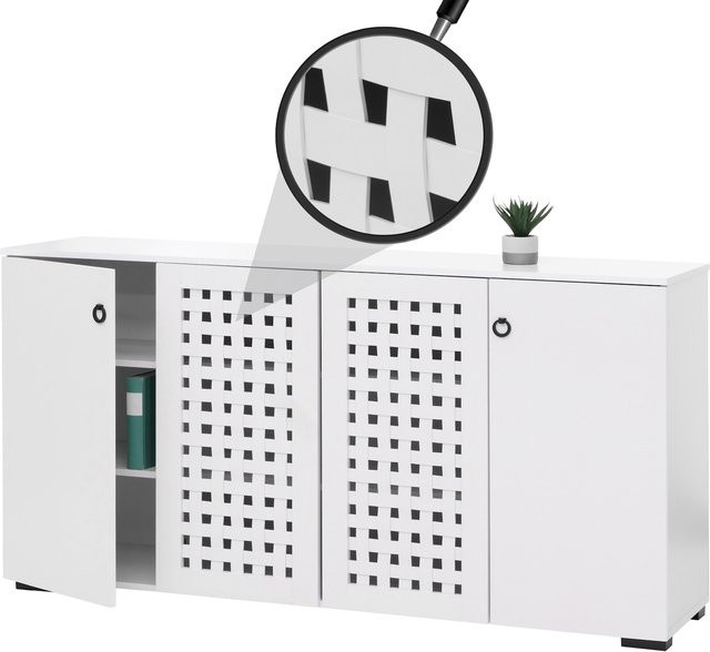 MCW Sideboard N87 mit 3D-Flecht-Design, 4 Türen und 9 Staufächern, Weiß, H: 83 cm, B: 159 cm, T: 37 cm - Bild 1