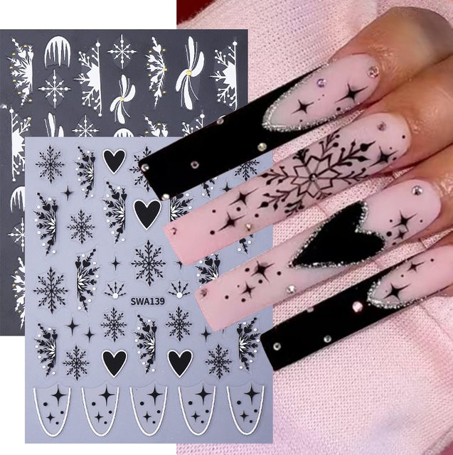 SWEET TREND Nagel Aufkleber, Schwarz Weiß, 3D Schneeflocke, Herz, Stern, Matt - Bild 1