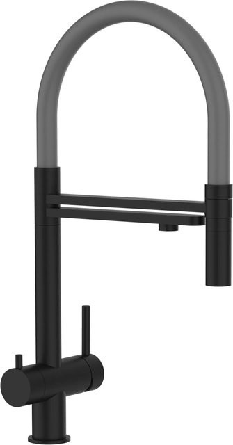 VIZIO Küchenarmatur aus Edelstahl mit 3-Wege-Funktion, 360 Grad schwenkbarem Auslauf und abnehmbarer 2-Strahl Handbrause in Schwarz Matt und Grau - Bild 1