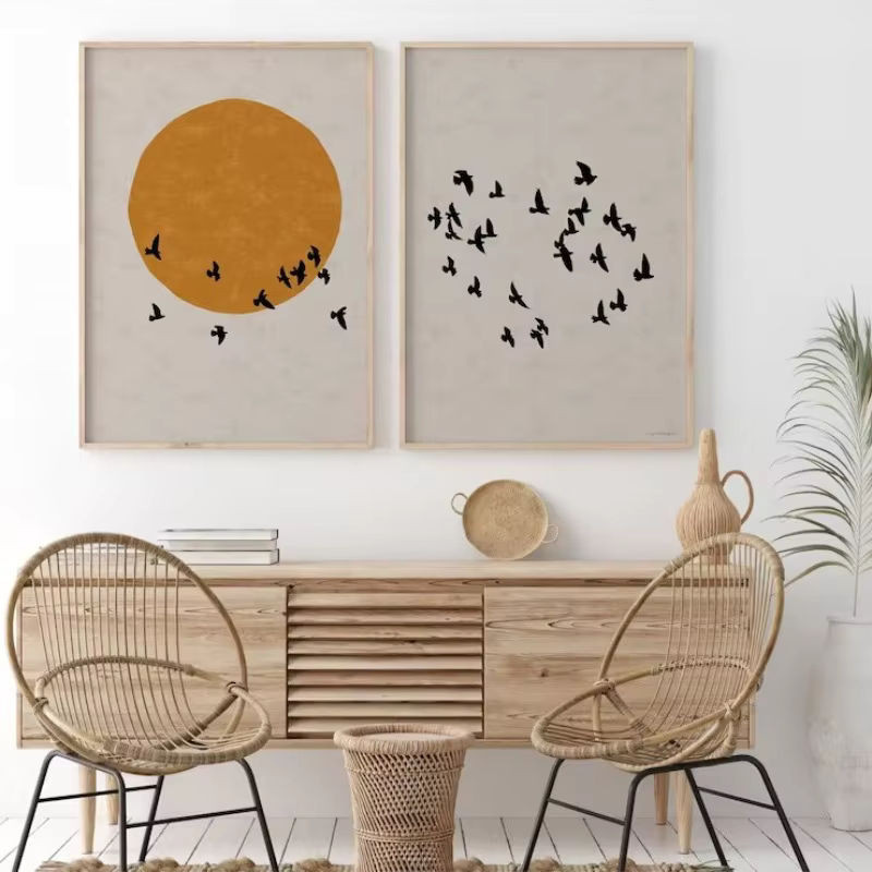 Potdemiel Leinwand Wandkunst Japanischer Sonnenaufgang mit Vogelschwarm in minimalistischem Japandi Zen Stil, Grau und Beige, Abstraktes Landschaftsmotiv im Hochformat - Bild 1