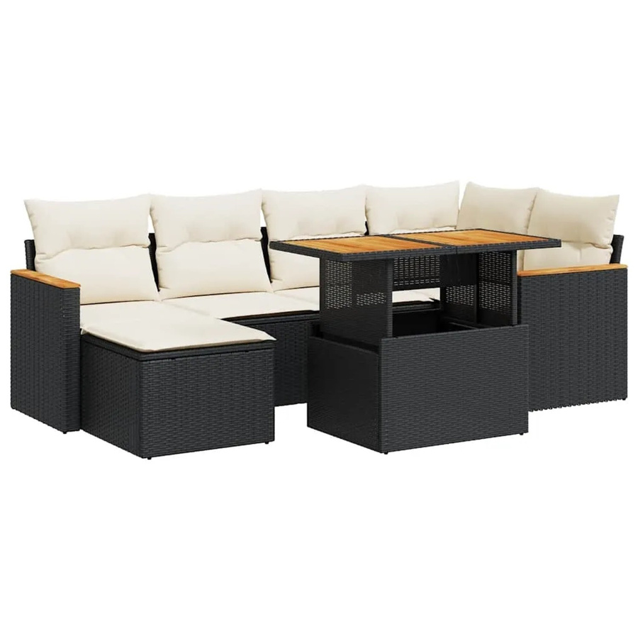 vidaXL 7-teilige Garten-Sofagarnitur in L-Form aus Poly-Rattan und Akazienholz in Schwarz-Creme mit Kissen - Bild 2