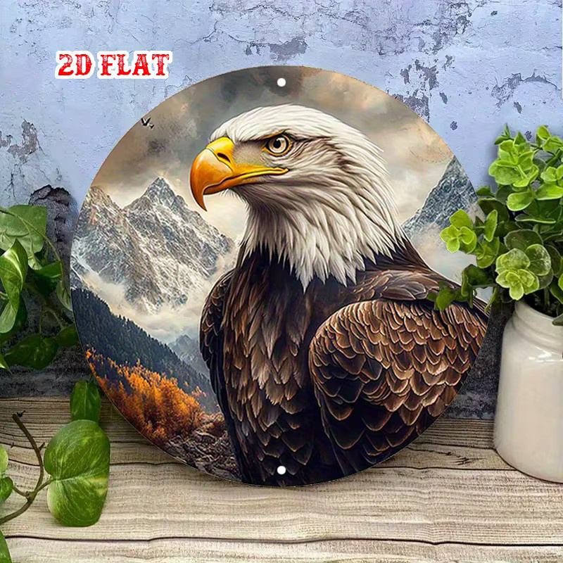 Mountainales Eagle runde Metallwandkunst Weißkopfseeadler im Flug mit Bergen rustikales modernes Dekor - Bild 3