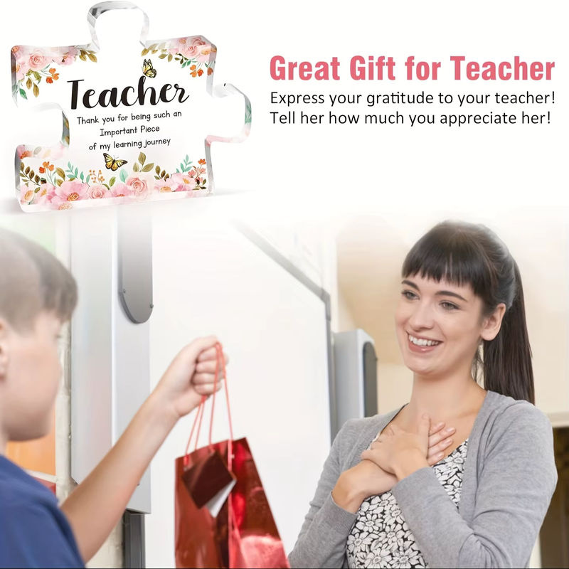 Personalisierte Acryl Plakette in Puzzleform als Lehrer Geschenk mit floralem Design, transparent - Bild 2