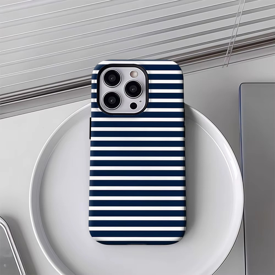 Luxuriöse doppellagige Handyhülle mit marineblauen und weißen Streifen für iPhone 17, 16, 15, 14, 13, 12, 11 Pro Max Plus X XS XR XSMAX Air - Bild 2