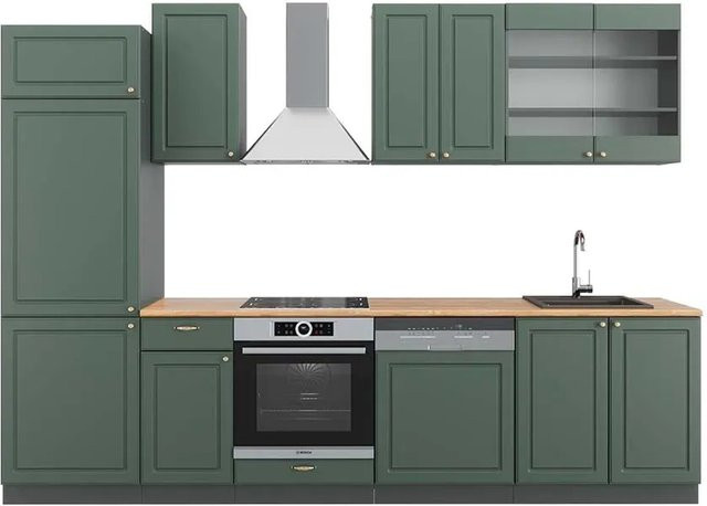 Vicco Fame-Line Küchenzeile Landhausstil in Grün, Gold und Anthrazit mit Eiche-Optik, B/T/H: 300 x 60 x 82 cm - Bild 1