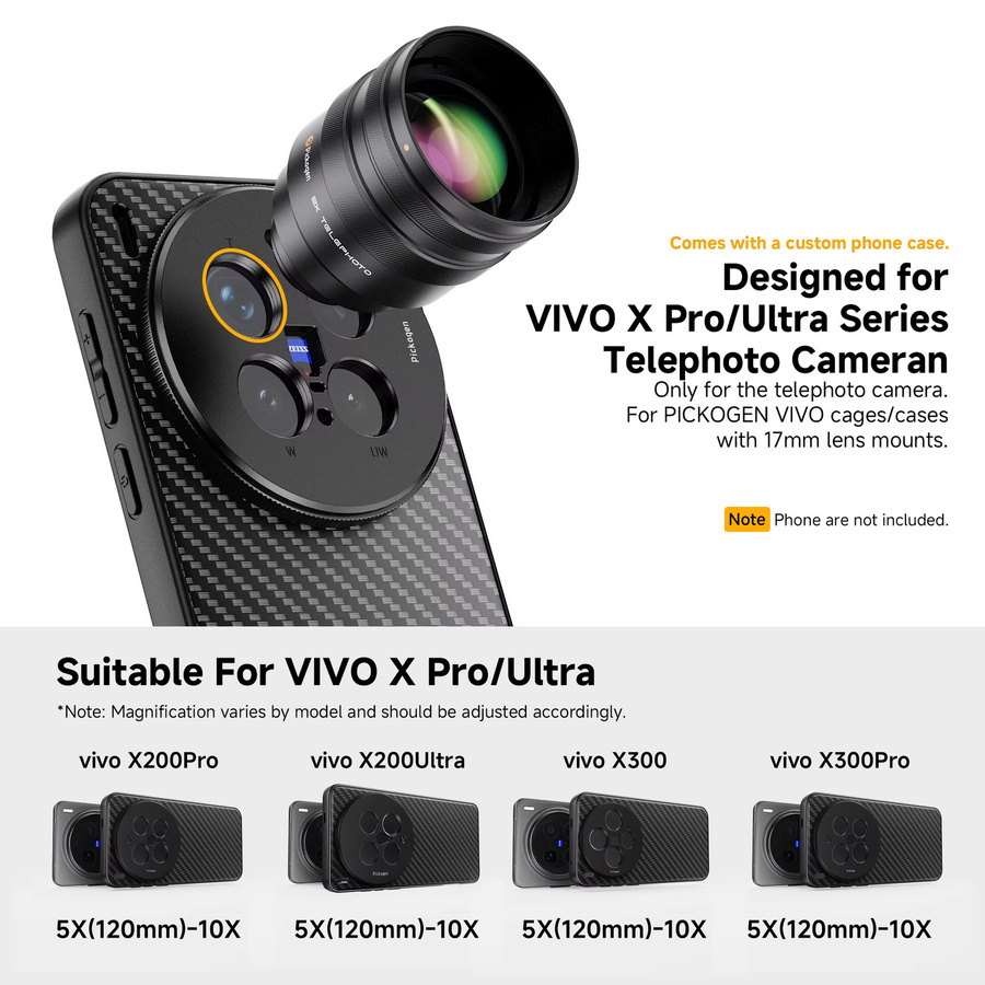 PICKOGEN 2er Set Telekonverter für Handy-Kamera, 240mm Teleobjektiv mit Handyhülle für vivo X300 pro und X200 ultra, Schwarz - Bild 5