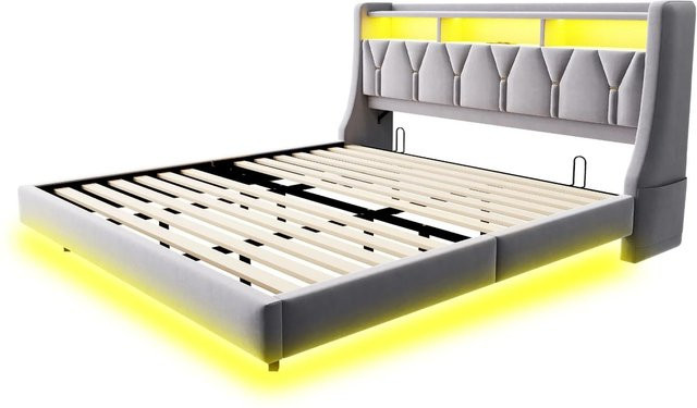 okwish Polsterbett in Hellgrau mit LED-Beleuchtung, USB-Ladeport und Ablage B/T/H: 180 x 200 x 105,5 cm - Bild 1