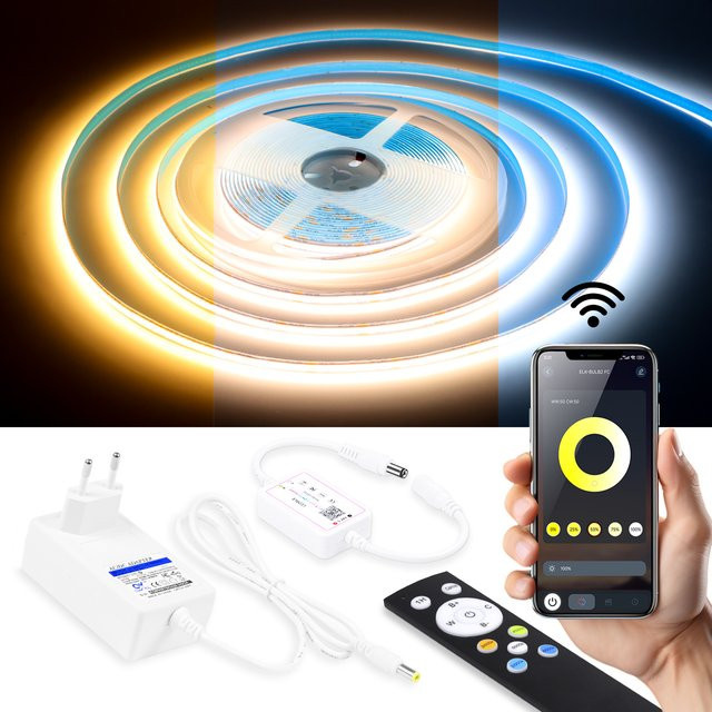 Gyarfas FCOB COB LED-Streifenleuchte 24V mit Bluetooth und Fernbedienung, dimmbar CCT 2700K-6500K Dual-Weiß, 576 LEDs/m - Bild 1