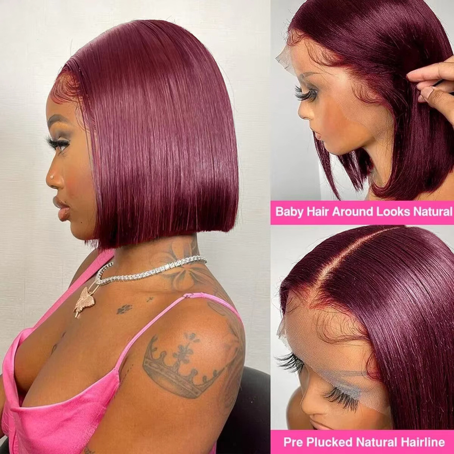 Cecycocy Bob-Perücke, Burgunderrot, 13x4 HD transparente Spitzenfront, Damen - Bild 3