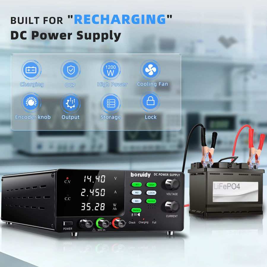 Boruidy Labor-Gleichstromversorgung Schwarz, variabel 15V-60V 20A-30A, hochpräzises Schaltnetzteil für Lithium-Batterie-Ladetests und Batterieaktivierung mit OCP, M1-M3 - Bild 2
