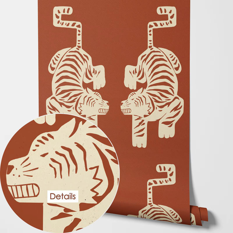 Pixel&Wall Tiger-Tapete in Orange mit aztekischem Vintage-Design, selbstklebend - Bild 4