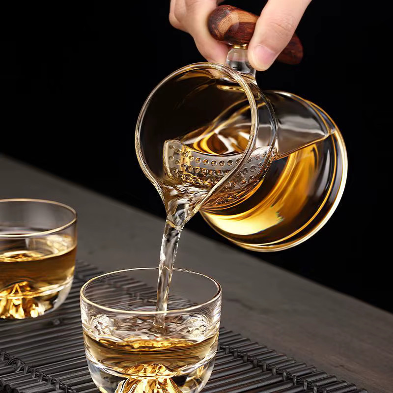 Hitzebeständiges Glas-Teeset mit integriertem Halbmondfilter und Holzgriff, transparent - Bild 3