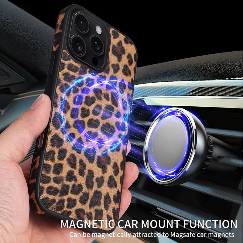 VYOPBC MagSafe Handyhülle aus Carbonfaser-Saffiano-Leder mit Leopardenmuster für iPhone 17 16 15 14 13 Pro Max Plus und 17Air inklusive Magnetkartenhalter, Mehrfarbig - Bild 3