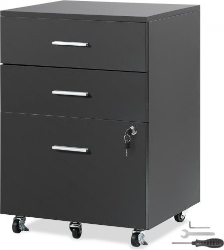 VEVOR Rollbarer Aktenschrank aus Holz mit 3 Schubladen, abschließbares Büroregal für A4 und Letter, Schwarz, B/T/H: 40 x 40 x 65 cm - Bild 1