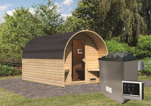 Karibu Fasshaus 3 Gartensauna mit 9,0 kW Ofen und externer Steuerung, B/T/H: 219 x 385 x 219 cm - Bild 1