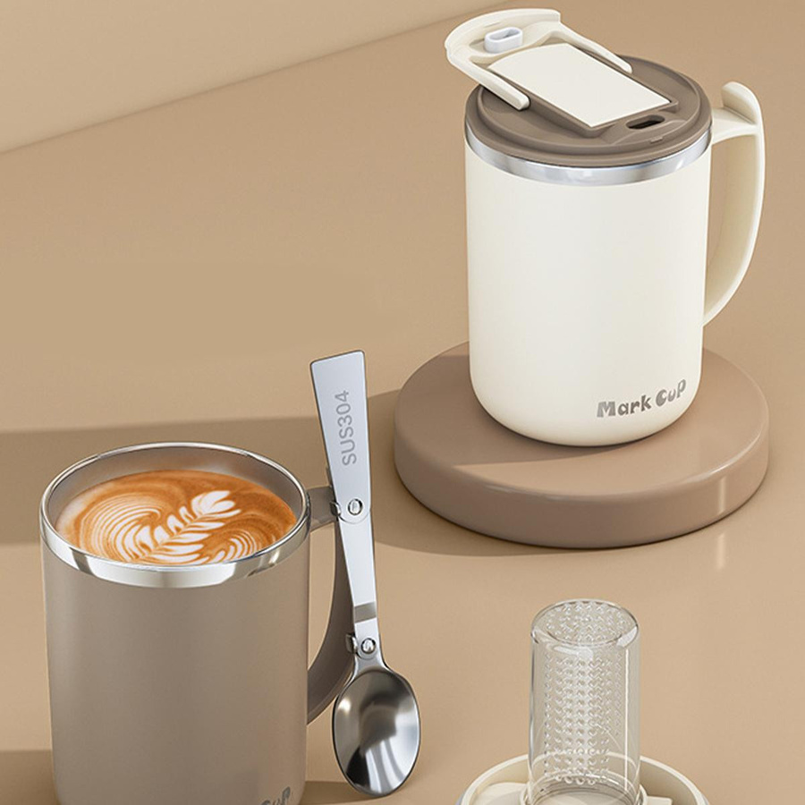Baifenbai Home Furnishing Isolierter Kaffeebecher aus 304 Edelstahl mit Teesieb und Löffel, tragbarer doppelwandiger Trinkbecher, auslaufsicher, grün - Bild 1