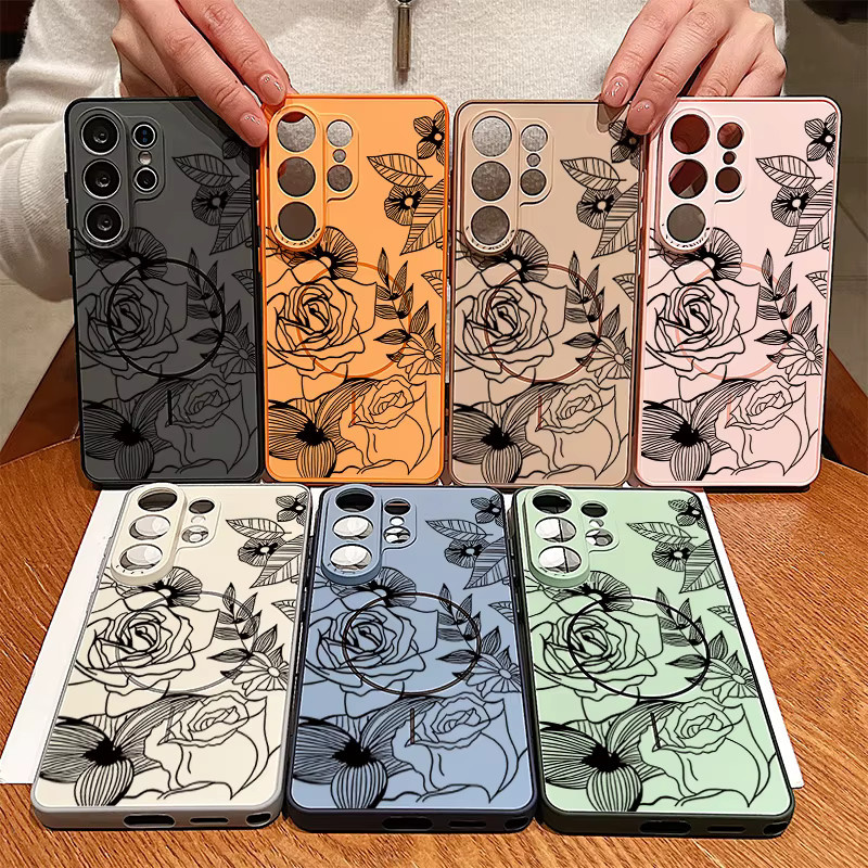 Magnetische Handyhülle mit schwarzem Blumenmuster für Samsung Galaxy S25 S26 Ultra Edge S24 S23 FE A17 A56 A37 A16 A55 A15 A36 A55 Cover in Schwarz und Grau - Bild 3