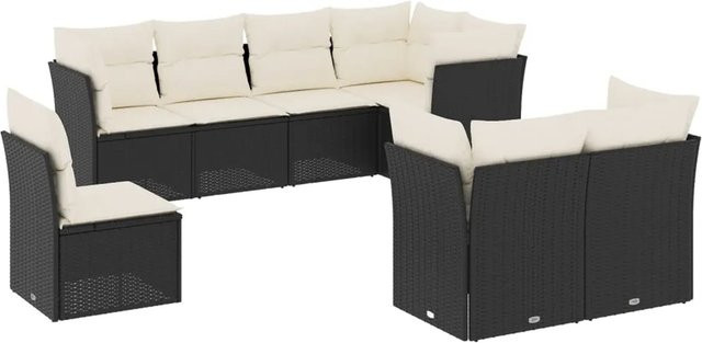 vidaXL 8-tlg Garten-Sofagarnitur in U-Form aus Polyrattan mit Kissen, Schwarz - Bild 1