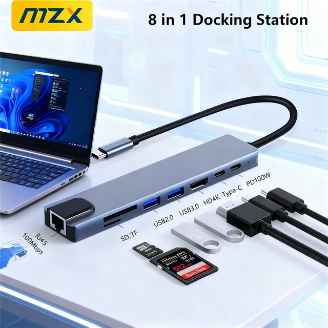 MZX 8-in-1 USB-C Docking Station Hub mit 4K HDMI, RJ45 Ethernet, SD und TF Kartenleser sowie USB 3.0 Typ A für deinen Laptop - Bild 1