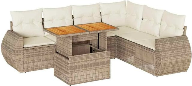 vidaXL 7-teilige Garten-Sofagarnitur in L-Form mit Polsterkissen und Couchtisch, Beige, Poly Rattan und Akazienholz - Bild 1
