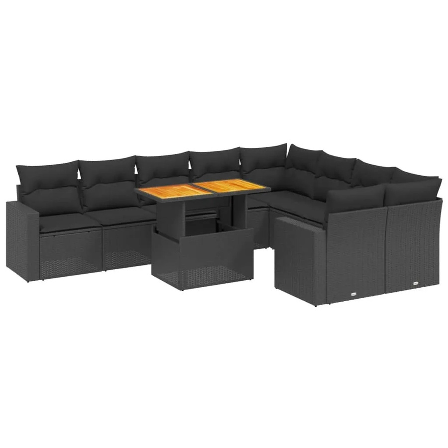 vidaXL 10-tlg. Garten-Sofagarnitur in L-Form aus Polyrattan und Akazienholz mit Kissen, Schwarz - Bild 2